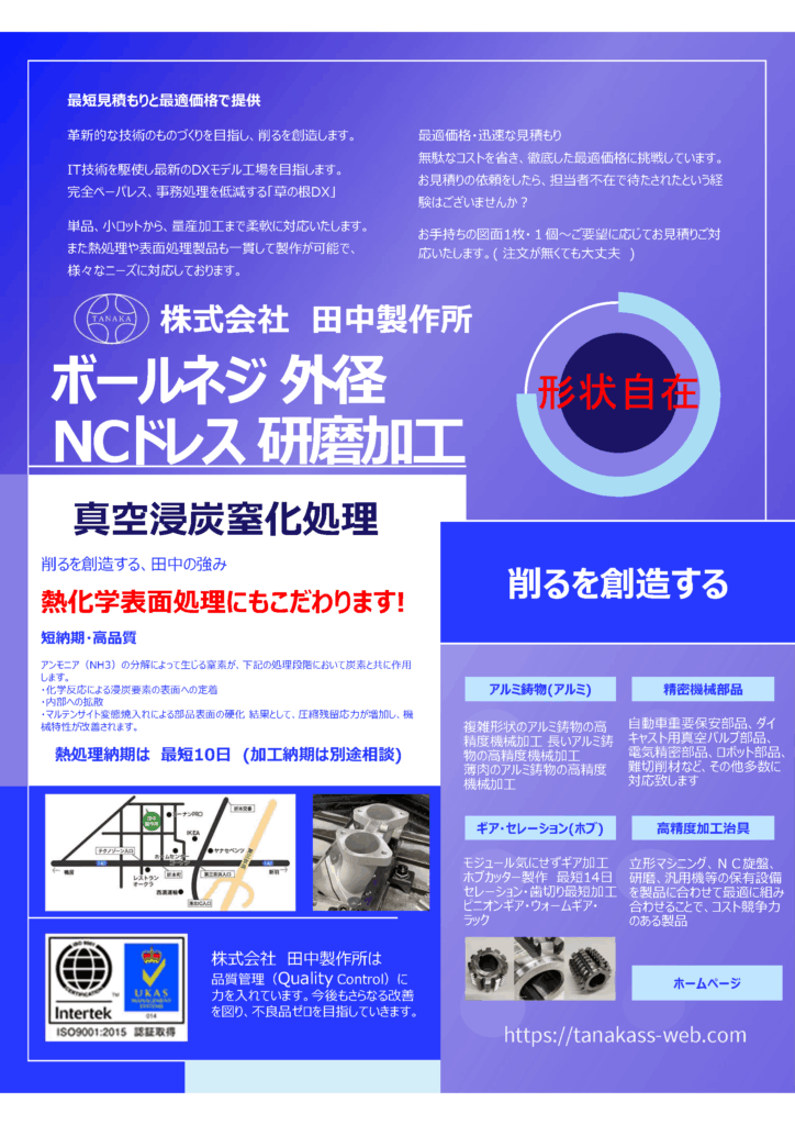 ボールネジ外径(NCドレス)研磨と真空浸炭窒化処理